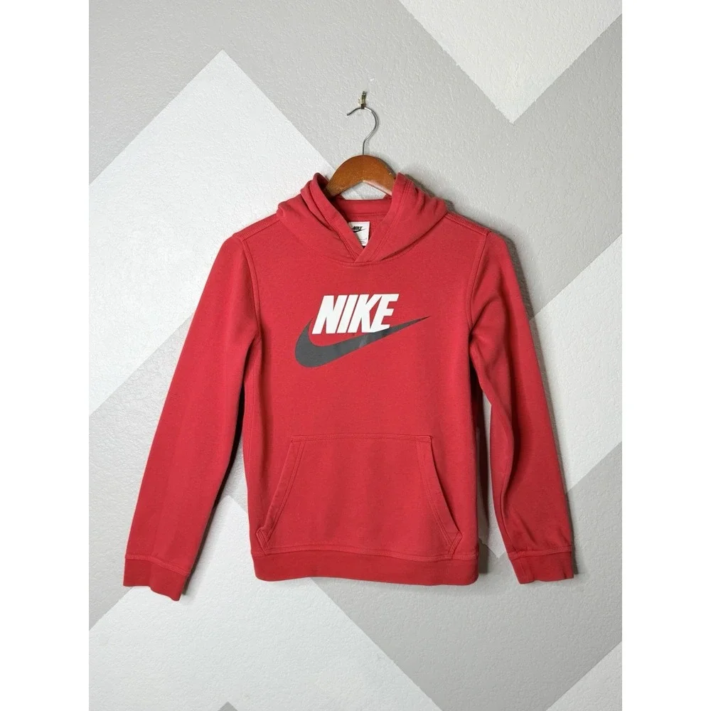 Nike Sportswear Boys Hoodie Large Red White Gray Swoosh Pullover CJ7861-657 READ